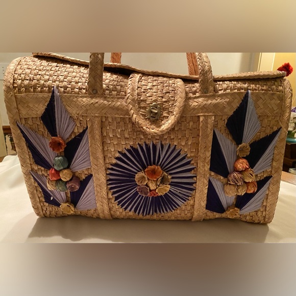 Vintage Mexico Hand Woven Straw Raffia Wicker Beach Tote Market Bag Purse Summer - Picture 5 of 6